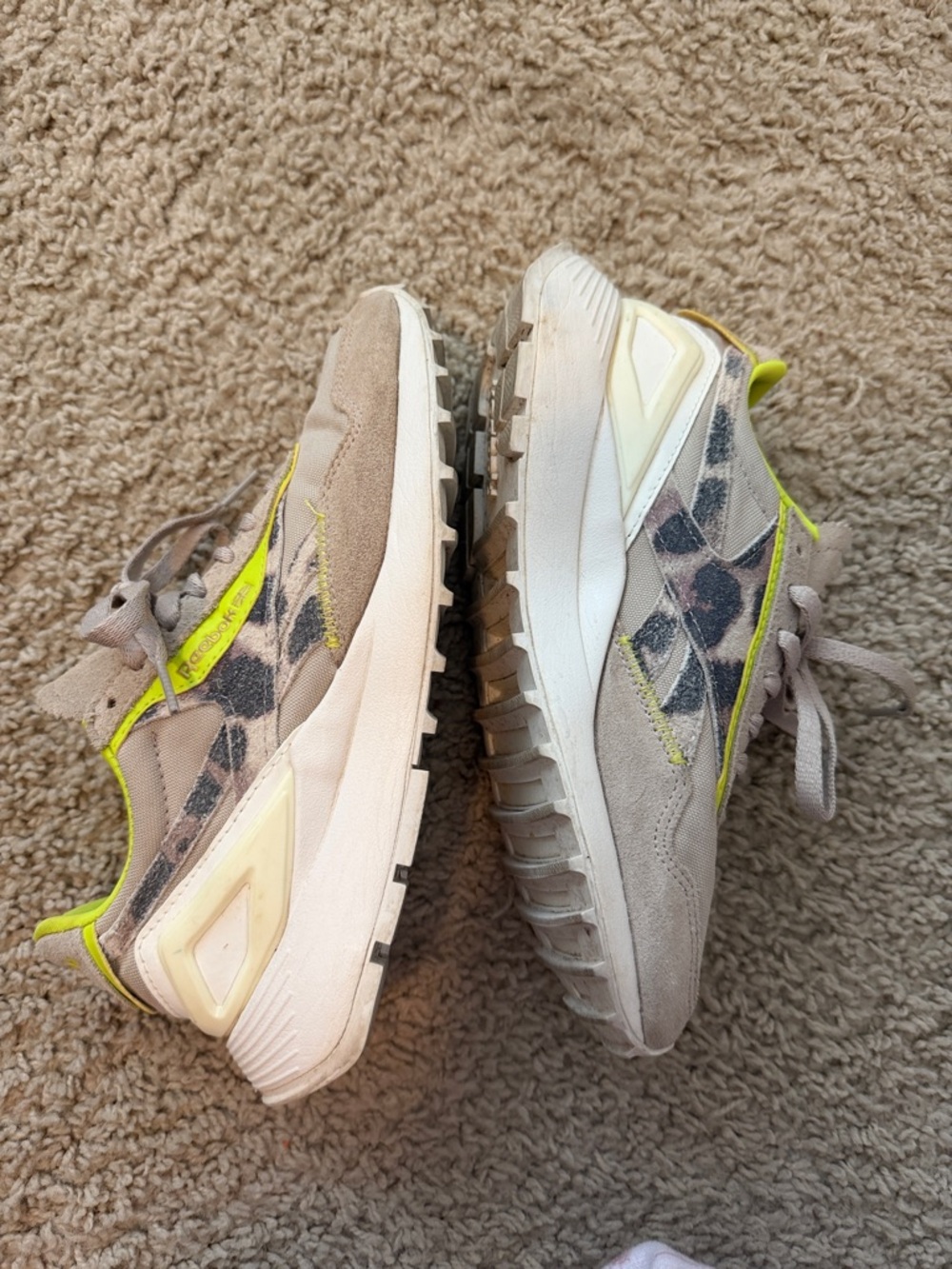 Reebok Taupe and Neon Yellow-Green Women's Sneakers with Animal Print